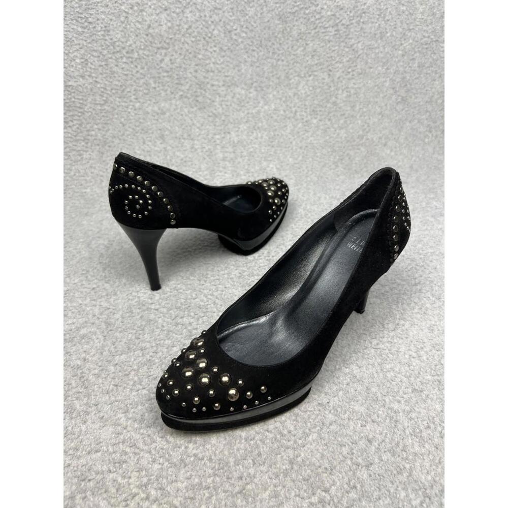 Stuart Weitzman 7M High Heel Studded Black Suede Platform Silver Studs Pumps - Picture 4 of 9